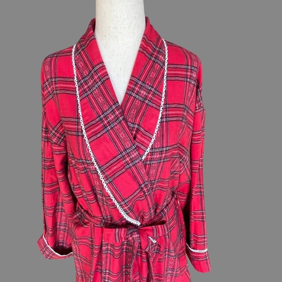 Lanz of Salzburg Red Plaid Tartan Flannel Womens Robe Tie Belt Lace Large - Picture 7 of 10